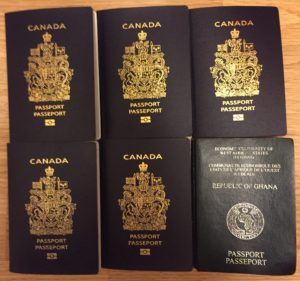 The Perbis five blue Canadian passports and the one green Ghanaian one